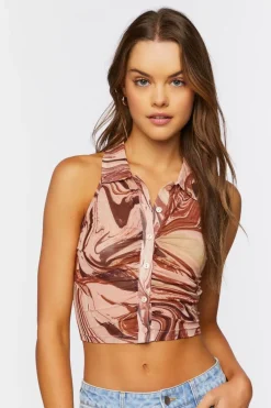 Abstract Button-Front Crop Top
