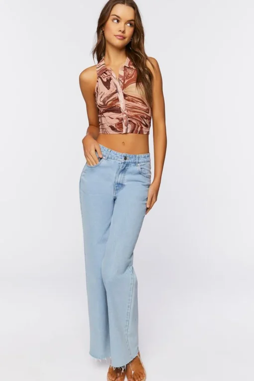 Abstract Button-Front Crop Top
