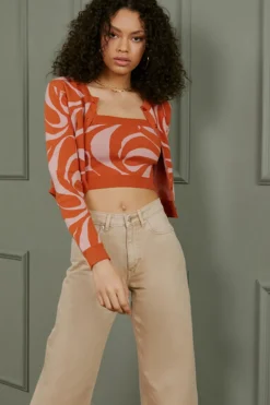 Abstract Crop Top & Cardigan Sweater Set