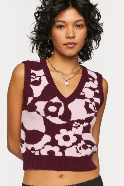 Abstract Floral Print Cropped Sweater Vest