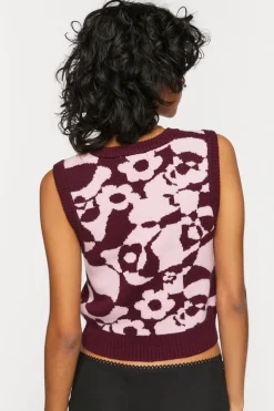 Abstract Floral Print Cropped Sweater Vest