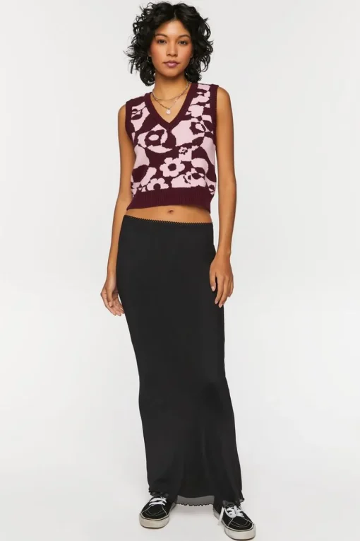 Abstract Floral Print Cropped Sweater Vest