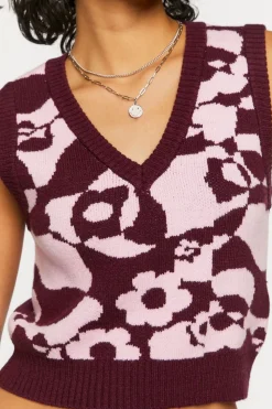 Abstract Floral Print Cropped Sweater Vest