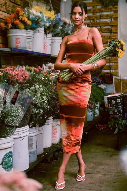 Abstract Print Mesh Midi Dress