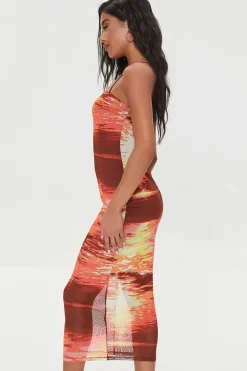 Abstract Print Mesh Midi Dress