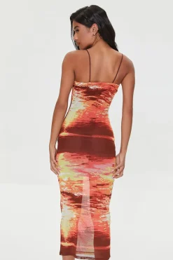 Abstract Print Mesh Midi Dress