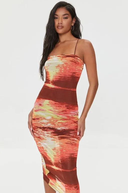 Abstract Print Mesh Midi Dress