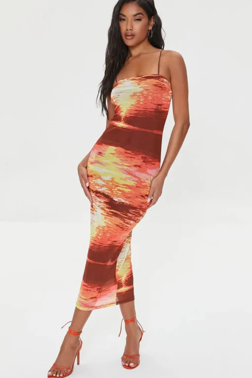 Abstract Print Mesh Midi Dress