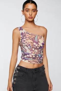 Abstract Print One-Shoulder Crop Top