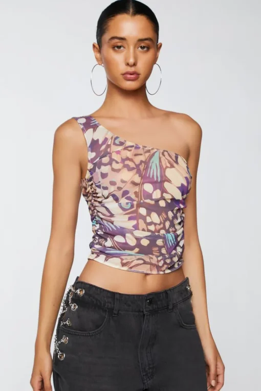 Abstract Print One-Shoulder Crop Top