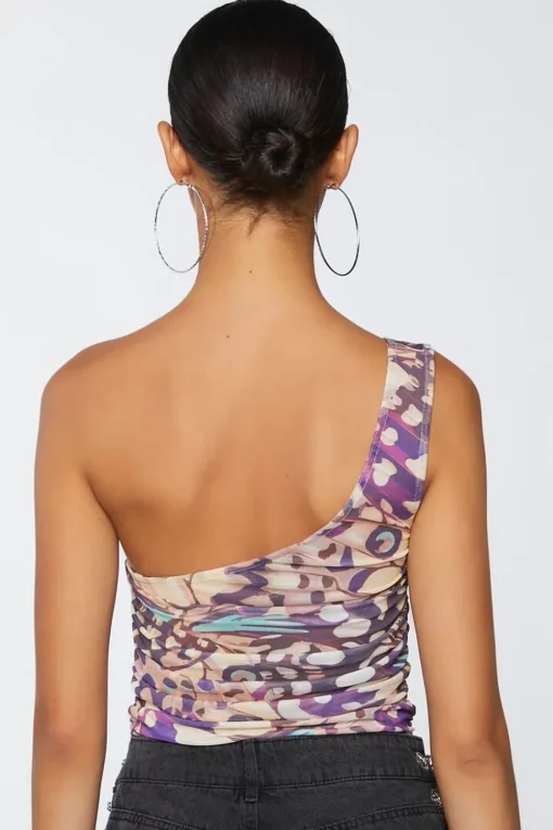 Abstract Print One-Shoulder Crop Top