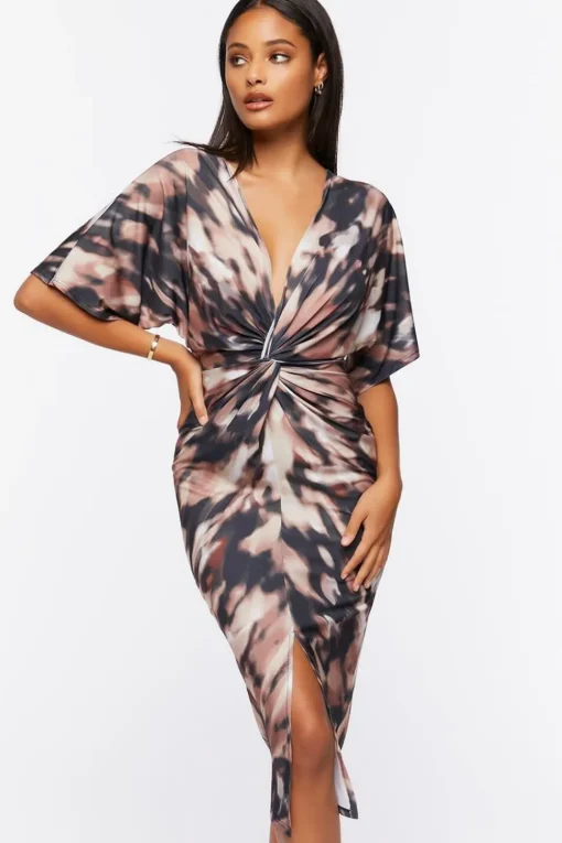 Abstract Print Twisted Midi Dress