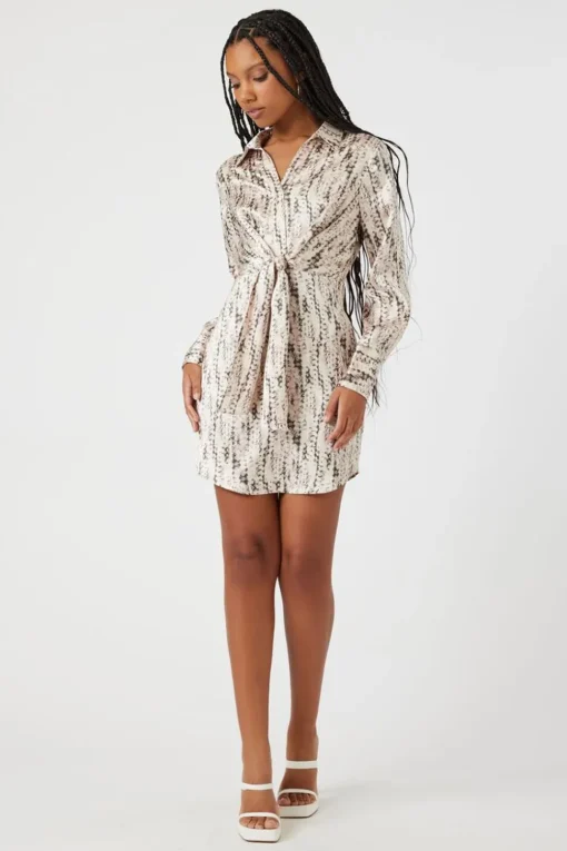 Abstract Satin Tie-Front Dress