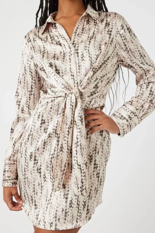 Abstract Satin Tie-Front Dress
