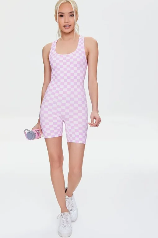 Active Seamless Checkered Print Cutout Romper