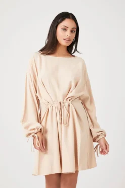 Balloon-Sleeve Drawstring Mini Dress