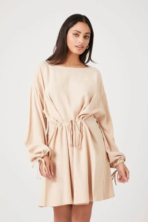 Balloon-Sleeve Drawstring Mini Dress