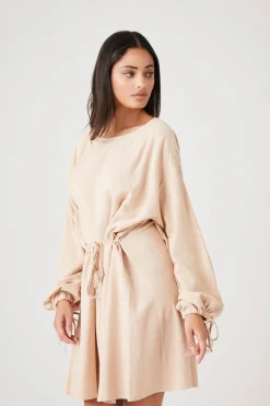 Balloon-Sleeve Drawstring Mini Dress