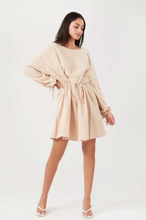 Balloon-Sleeve Drawstring Mini Dress
