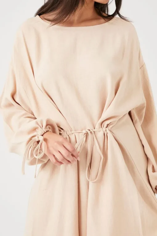 Balloon-Sleeve Drawstring Mini Dress