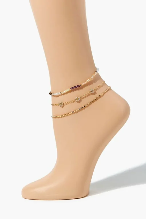 Beaded Floral Chain Anklet Set