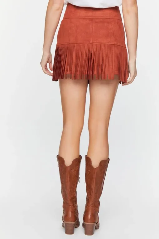 Belted Faux Suede Fringe Mini Skirt