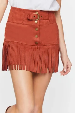 Belted Faux Suede Fringe Mini Skirt