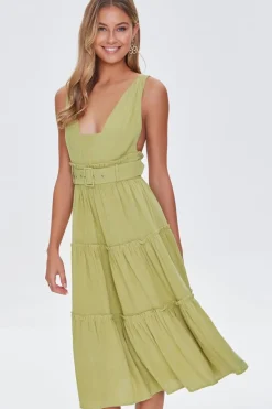 Belted Plunging Flounce Dress