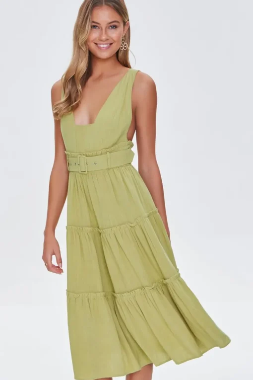Belted Plunging Flounce Dress