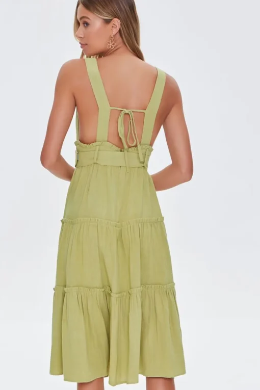 Belted Plunging Flounce Dress