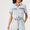 Belted Short-Sleeve Denim Romper