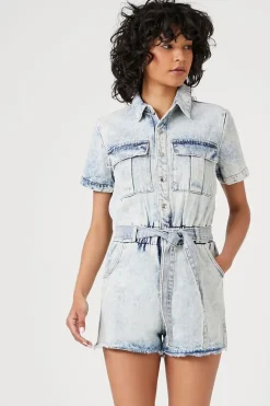 Belted Short-Sleeve Denim Romper