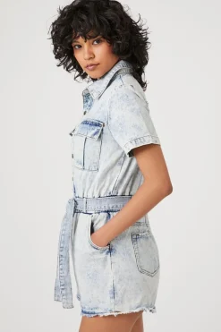 Belted Short-Sleeve Denim Romper