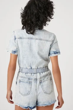 Belted Short-Sleeve Denim Romper