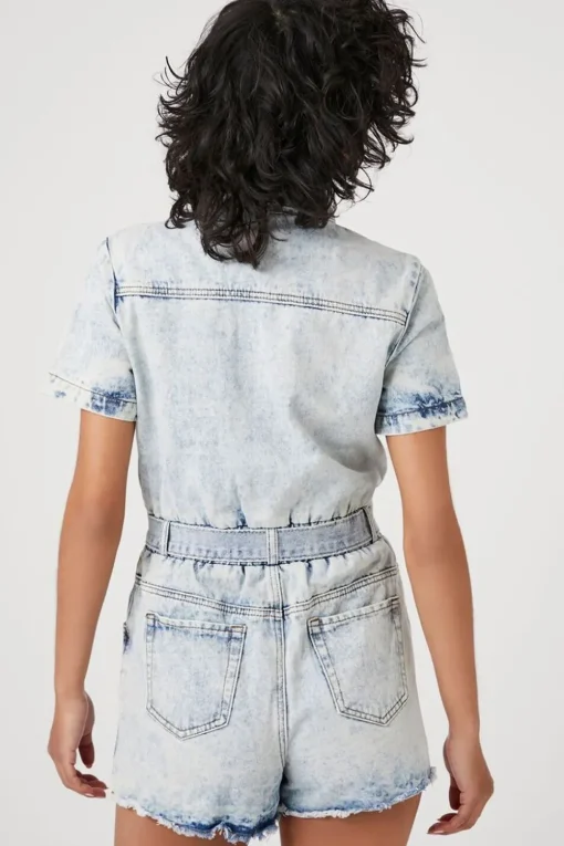Belted Short-Sleeve Denim Romper