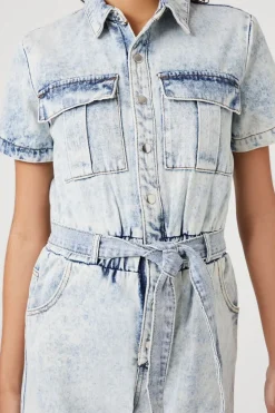 Belted Short-Sleeve Denim Romper