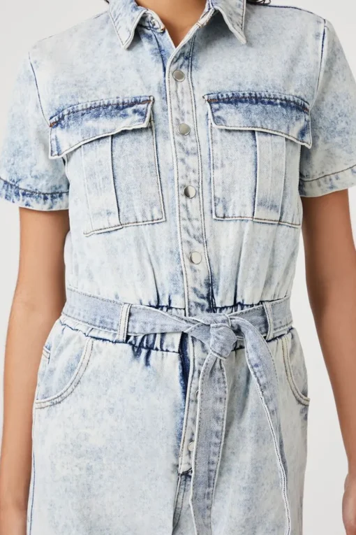 Belted Short-Sleeve Denim Romper