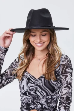 Brushed Faux Leather-Trim Fedora
