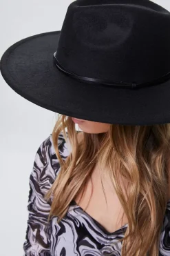 Brushed Faux Leather-Trim Fedora