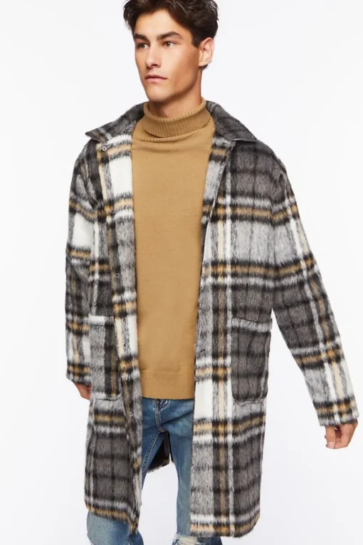 Brushed Plaid Longline Coat