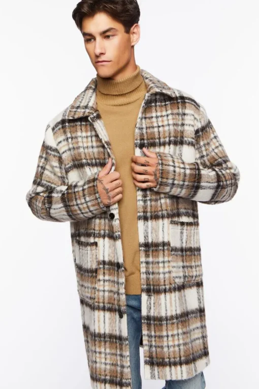 Brushed Plaid Longline Coat