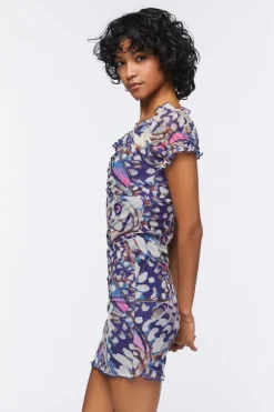 Butterfly Print Mesh Mini Dress
