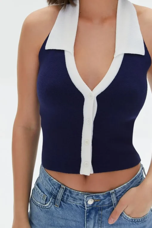 Button-Down Halter Crop Top