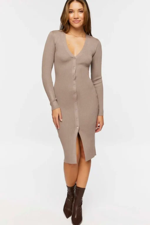 Button-Front Sweater Midi Dress