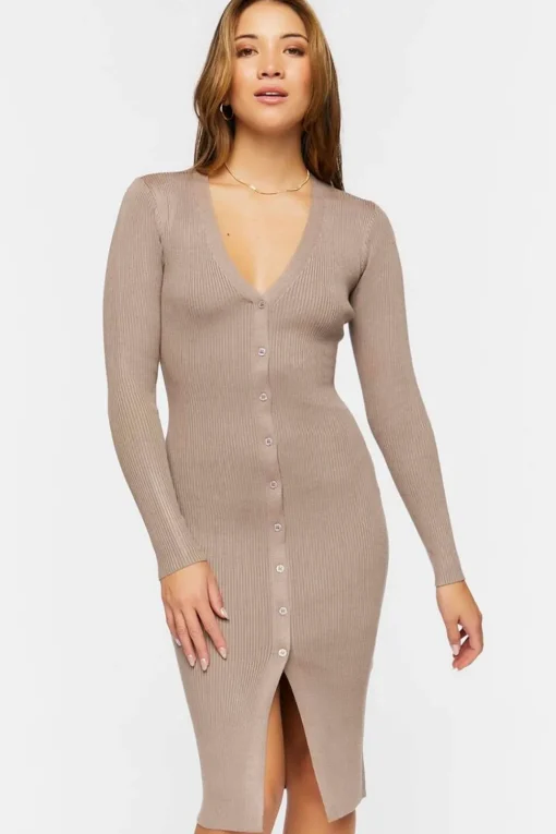 Button-Front Sweater Midi Dress