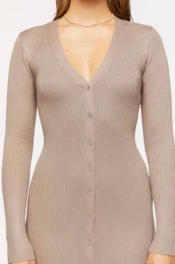 Button-Front Sweater Midi Dress