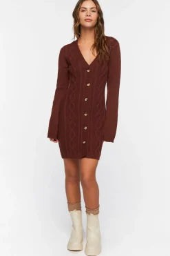 Cable Knit Button-Front Sweater Dress
