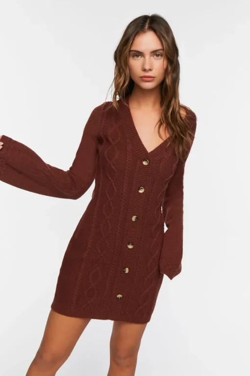 Cable Knit Button-Front Sweater Dress