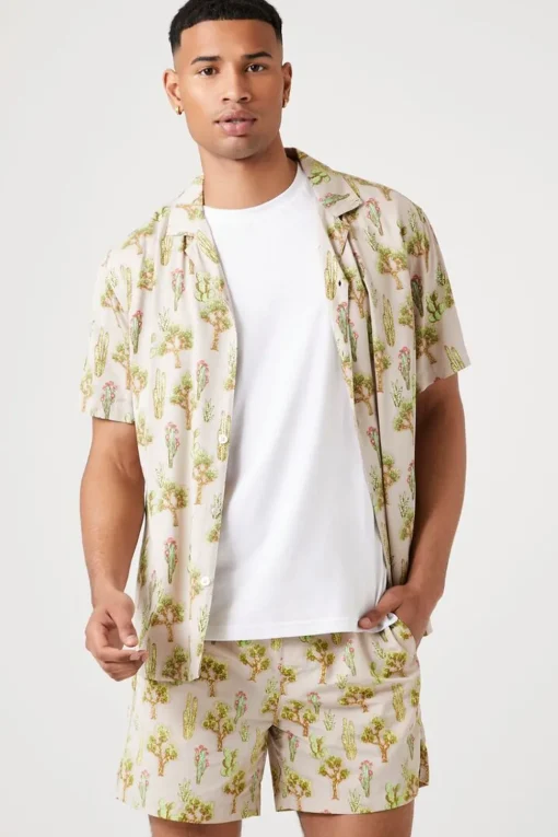 Cactus Print Nylon Swim Trunks