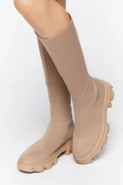 Calf-High Lug-Sole Sock Boots